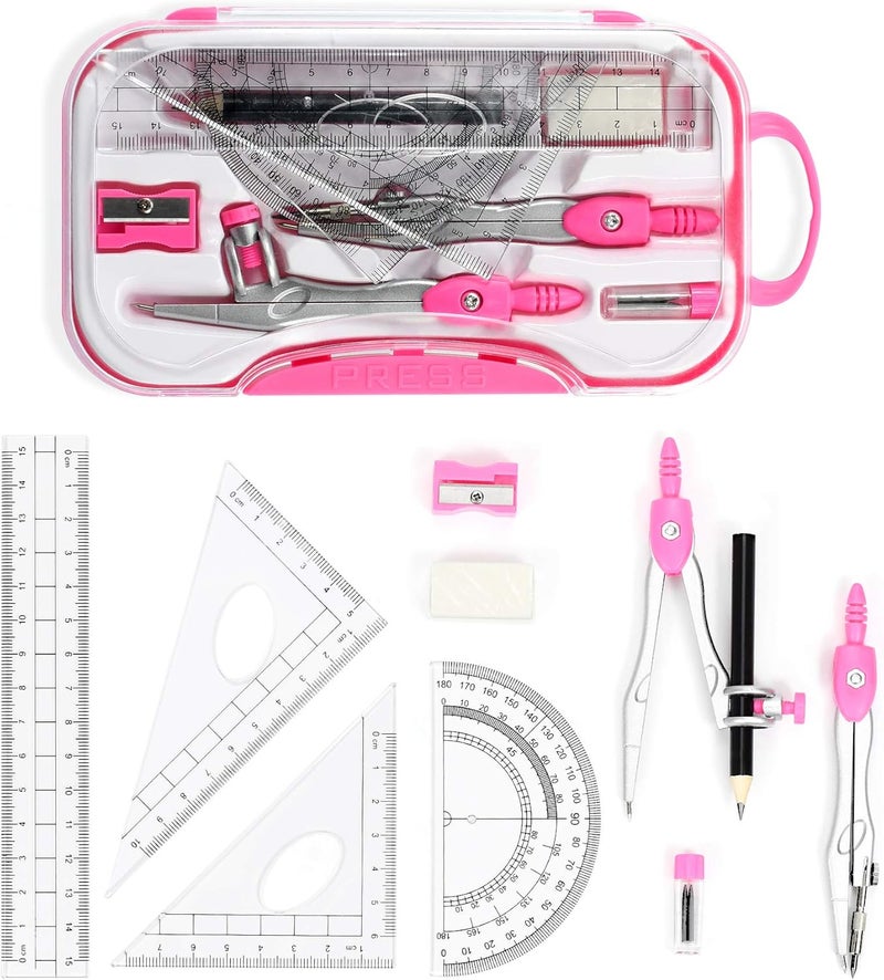 Vobou 10 Pieces Math Geometry Kit Set Student Supplies with Shatterproof Storage Box,Includes Rulers,Protractor,Compass,Eraser,Pencil Sharpener,Lead Refills,Pencil,for School and Drawings（Pink） - Image 2